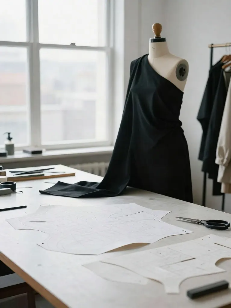 Dress form draped in black fabric beside paper pattern pieces, chalk and shears on a pale atelier table