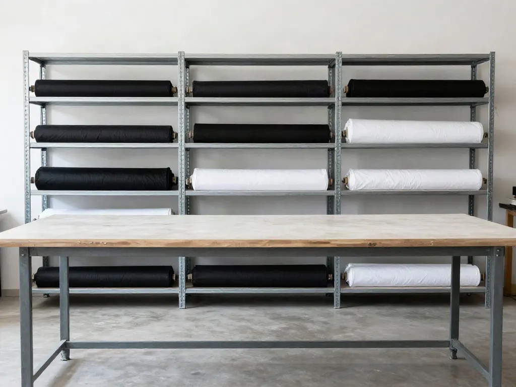 Rolls of black and white fabric on steel shelves above a long worktable in a minimalist atelier