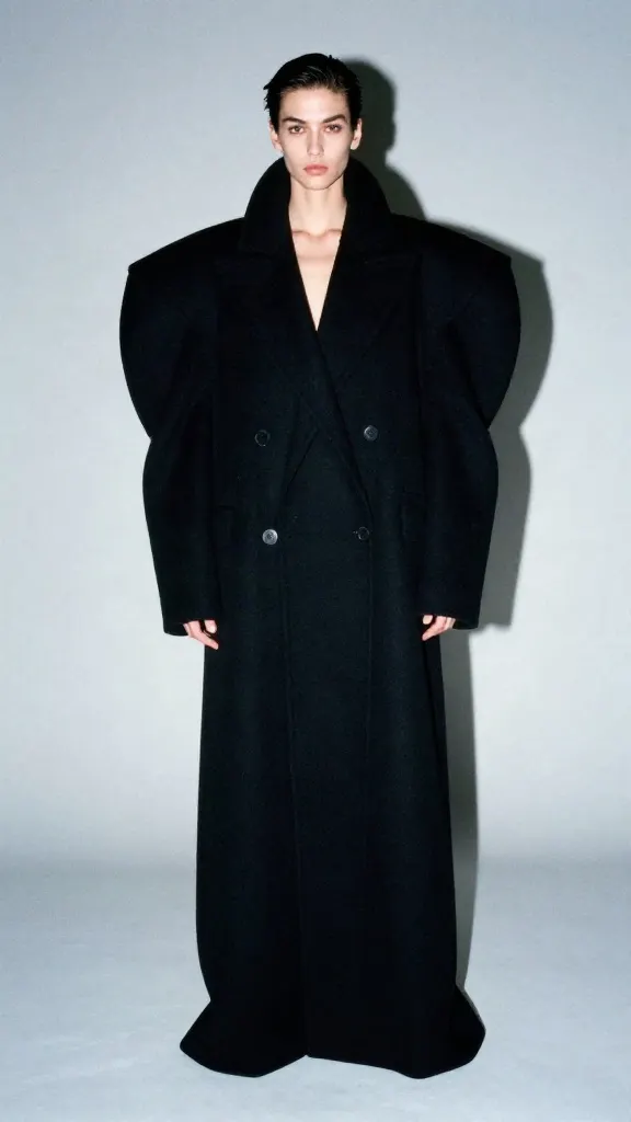 Model in a monumental oversized black wool coat with sculptural shoulders on a pale grey studio backdrop
